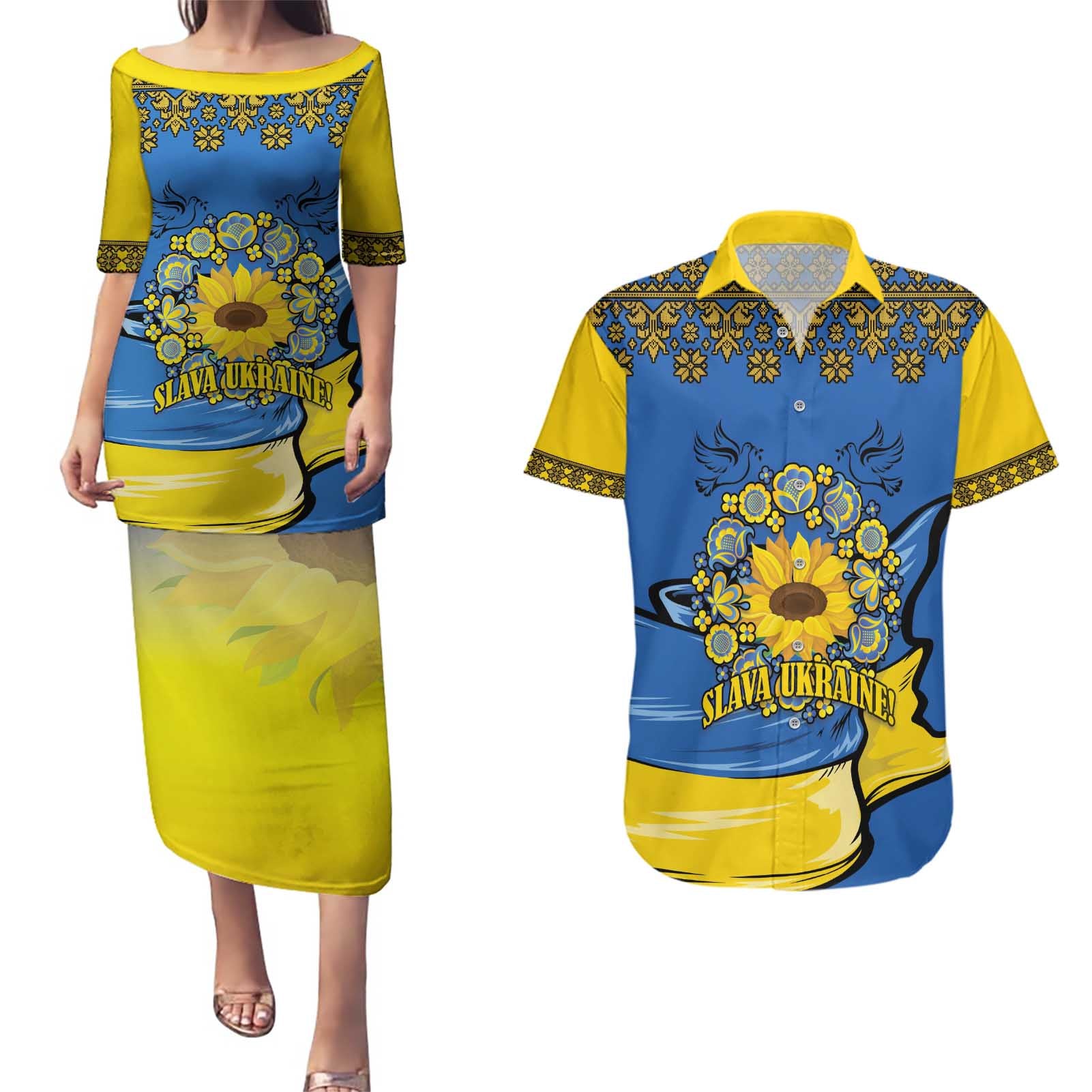 Ukraine Sunflower Peace Sign Couples Matching Puletasi and Hawaiian Shirt With Folk Patterns - Wonder Print Shop