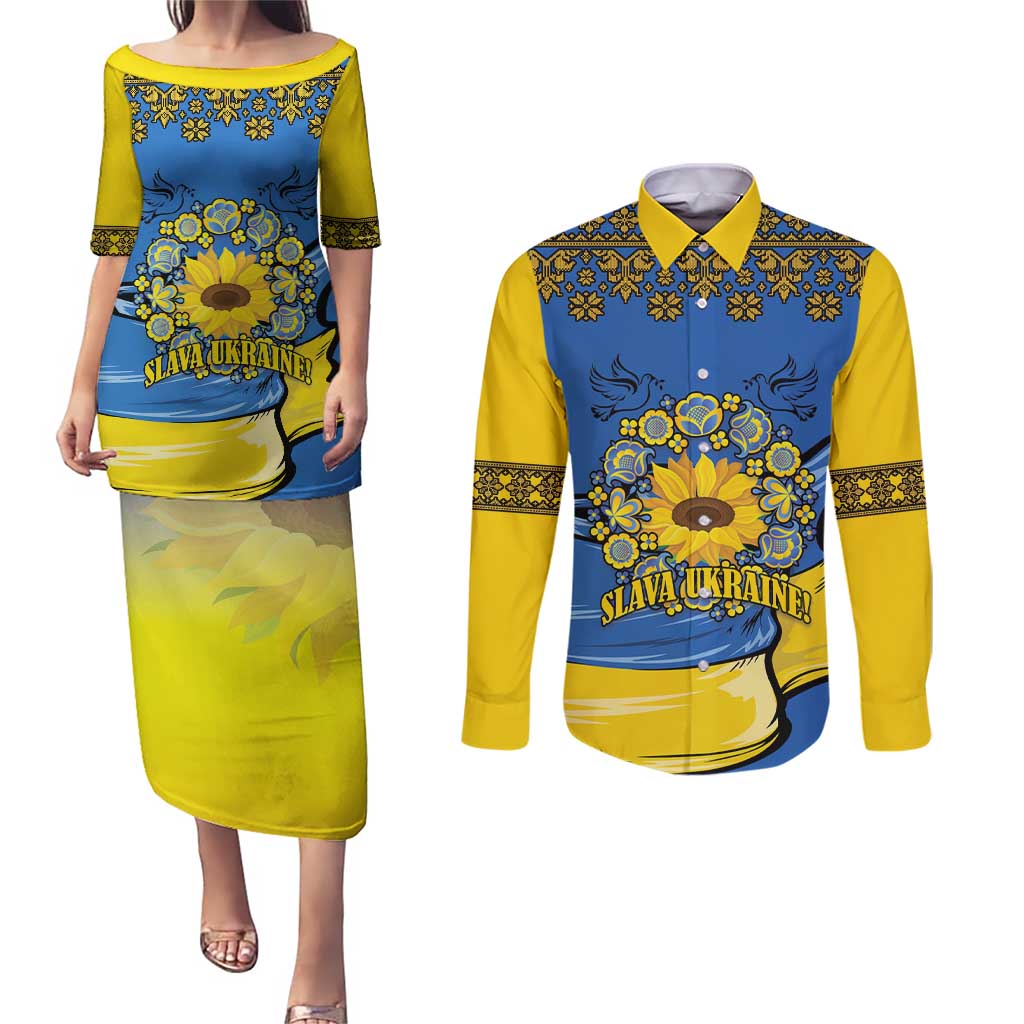 Ukraine Sunflower Peace Sign Couples Matching Puletasi and Long Sleeve Button Shirt With Folk Patterns - Wonder Print Shop