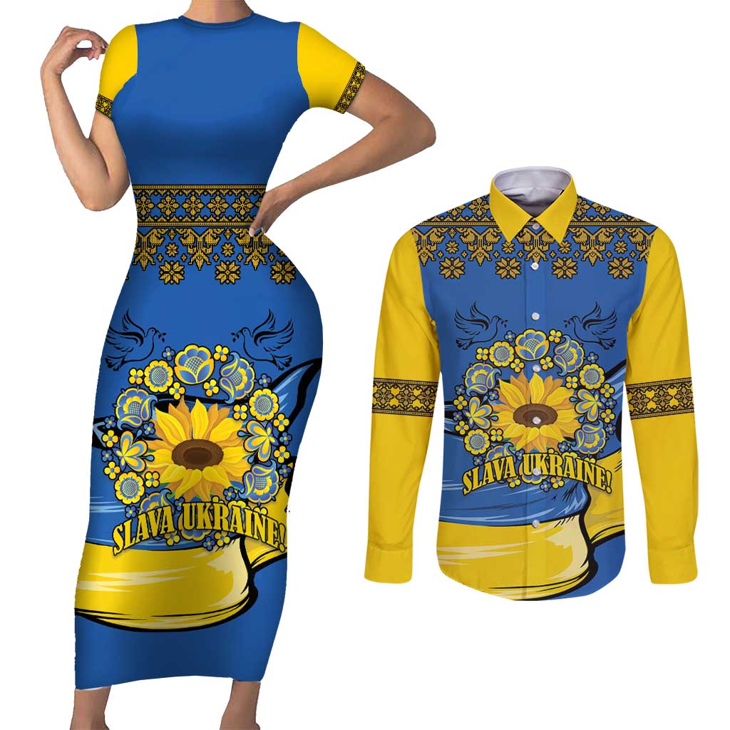 Ukraine Sunflower Peace Sign Couples Matching Short Sleeve Bodycon Dress and Long Sleeve Button Shirt With Folk Patterns - Wonder Print Shop