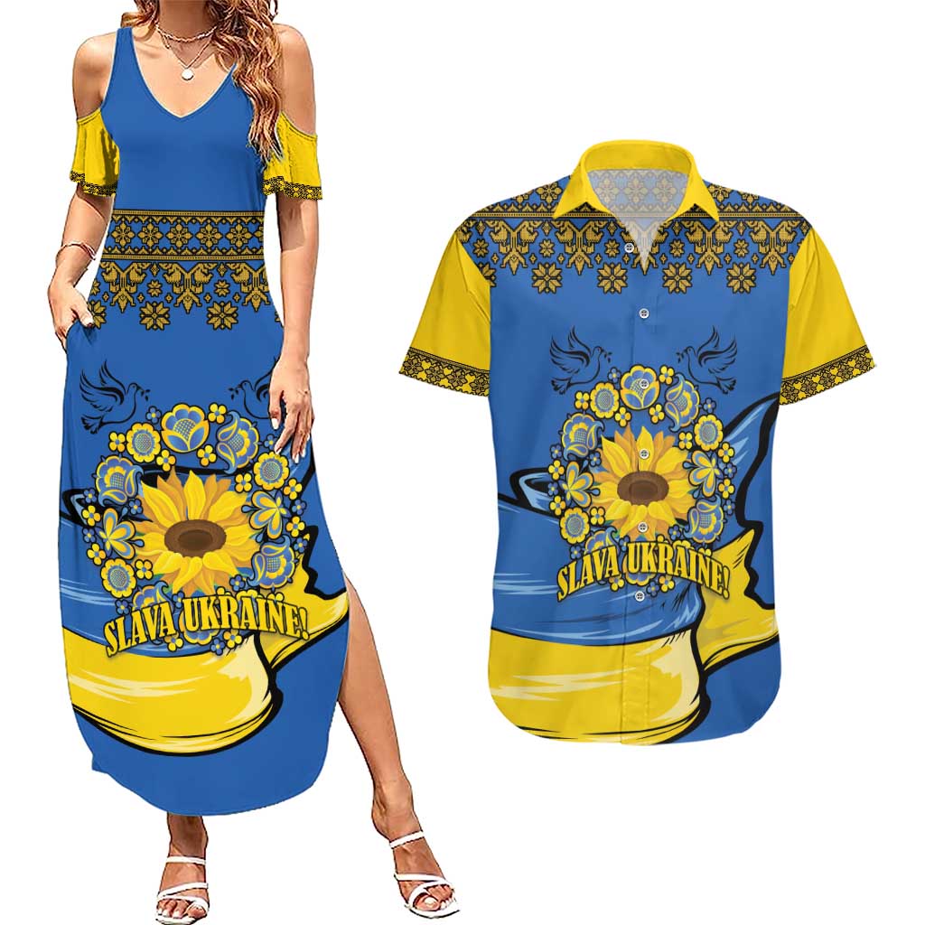 Ukraine Sunflower Peace Sign Couples Matching Summer Maxi Dress and Hawaiian Shirt With Folk Patterns - Wonder Print Shop