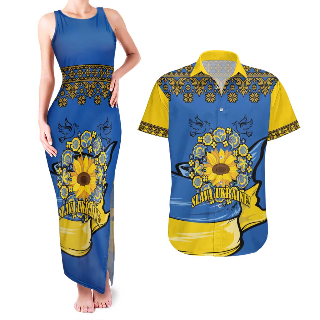 Ukraine Sunflower Peace Sign Couples Matching Tank Maxi Dress and Hawaiian Shirt With Folk Patterns - Wonder Print Shop