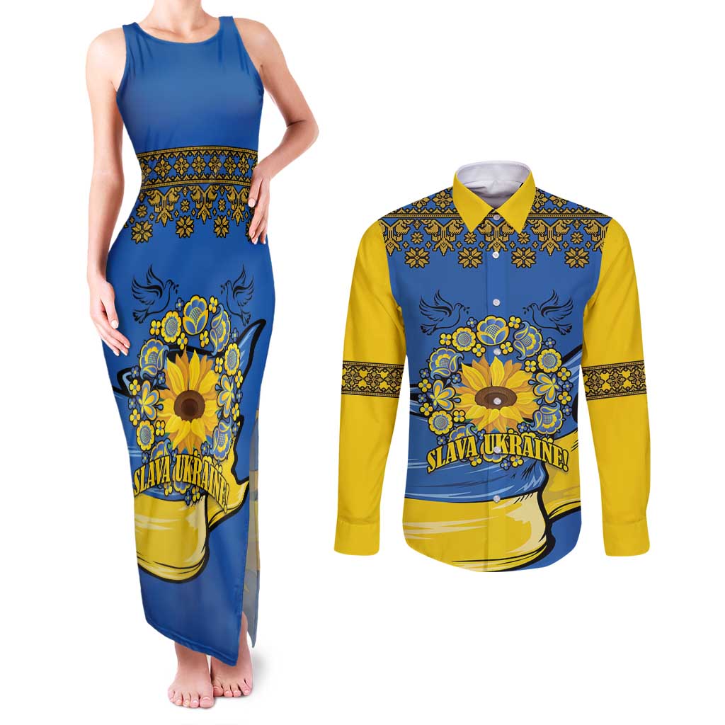 Ukraine Sunflower Peace Sign Couples Matching Tank Maxi Dress and Long Sleeve Button Shirt With Folk Patterns - Wonder Print Shop