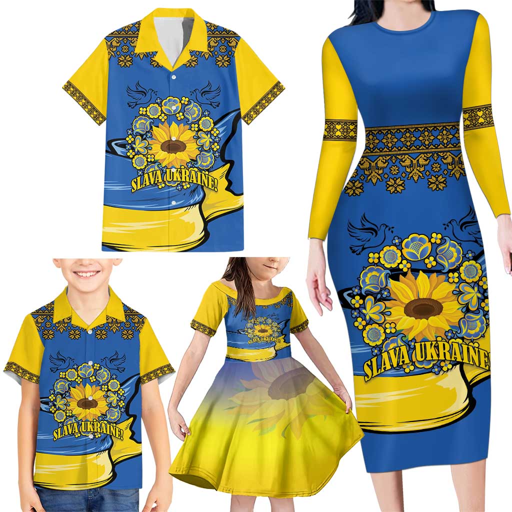 Ukraine Sunflower Peace Sign Family Matching Long Sleeve Bodycon Dress and Hawaiian Shirt With Folk Patterns - Wonder Print Shop