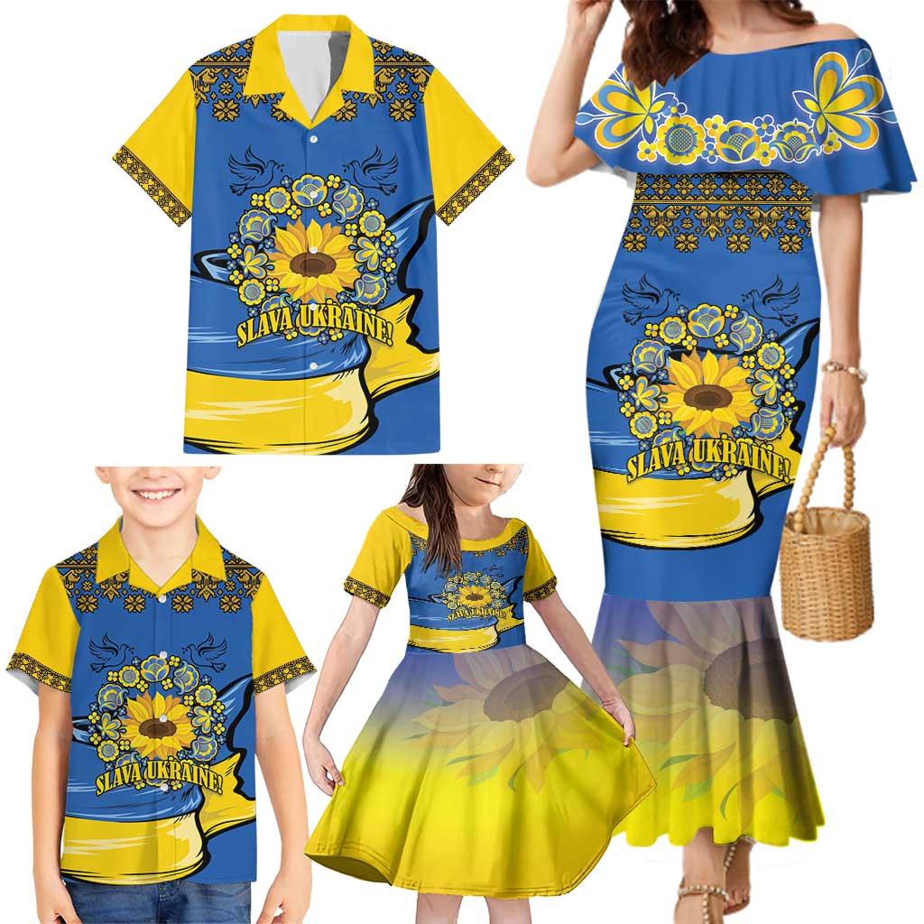 Ukraine Sunflower Peace Sign Family Matching Mermaid Dress and Hawaiian Shirt With Folk Patterns - Wonder Print Shop