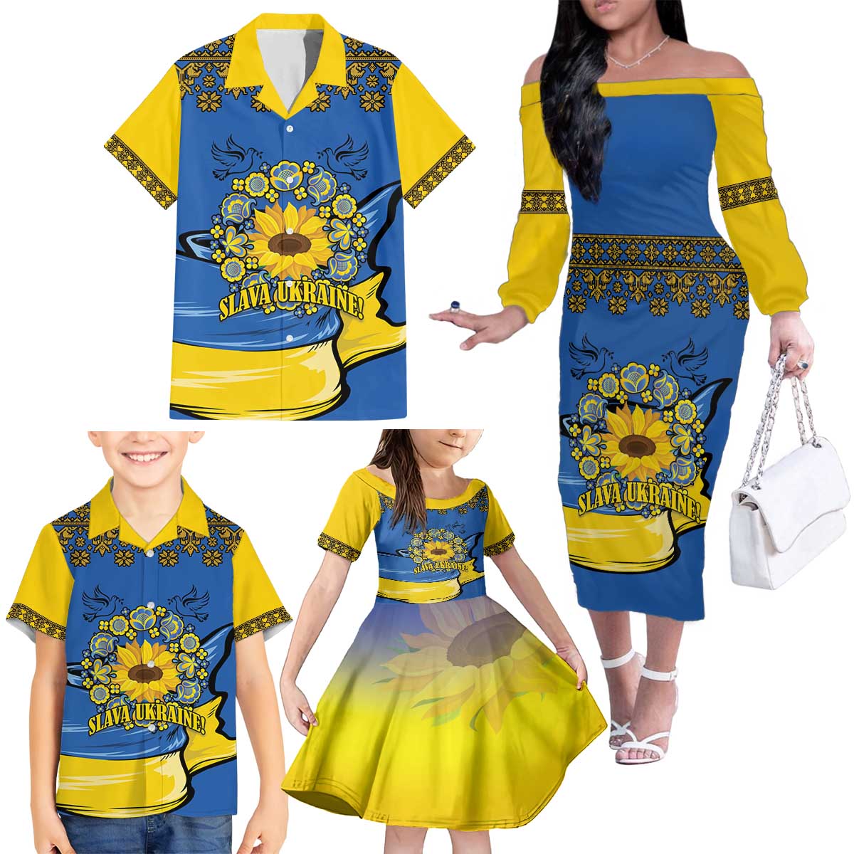 Ukraine Sunflower Peace Sign Family Matching Off The Shoulder Long Sleeve Dress and Hawaiian Shirt With Folk Patterns - Wonder Print Shop