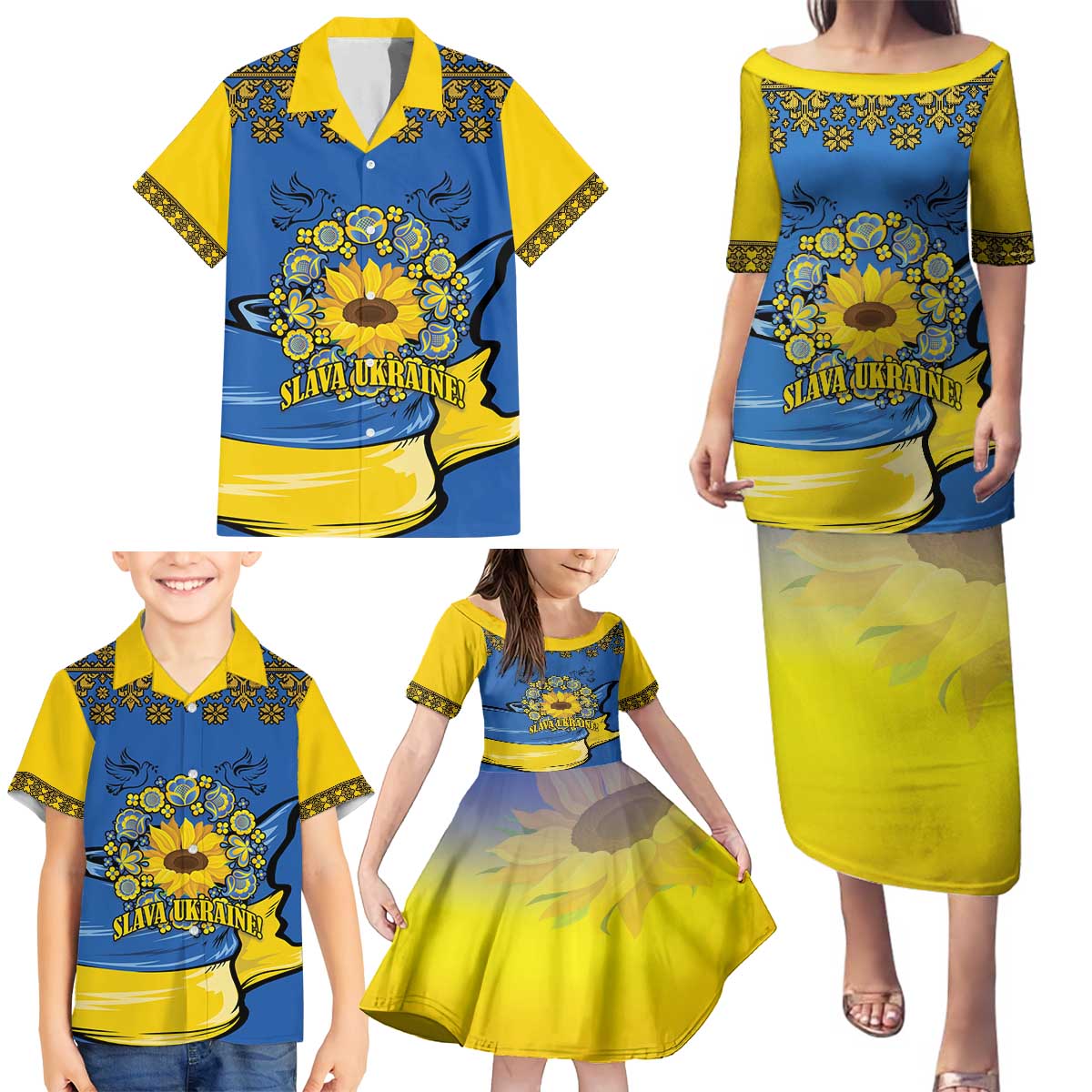 Ukraine Sunflower Peace Sign Family Matching Puletasi and Hawaiian Shirt With Folk Patterns - Wonder Print Shop