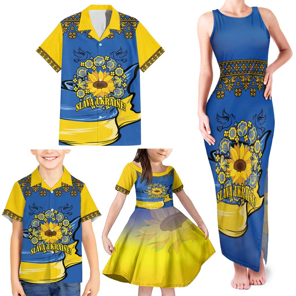 Ukraine Sunflower Peace Sign Family Matching Tank Maxi Dress and Hawaiian Shirt With Folk Patterns - Wonder Print Shop