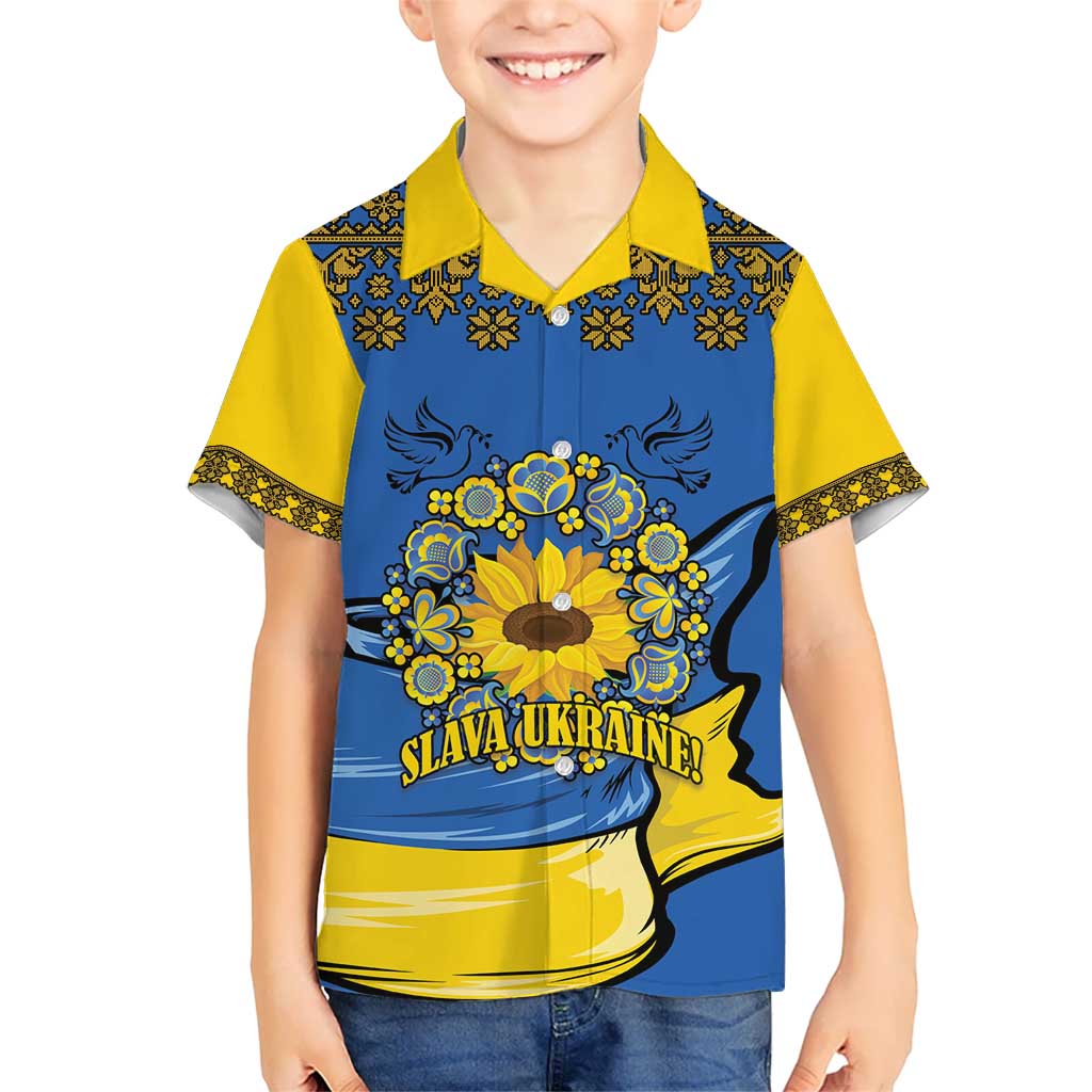 Ukraine Sunflower Peace Sign Kid Hawaiian Shirt With Folk Patterns - Wonder Print Shop