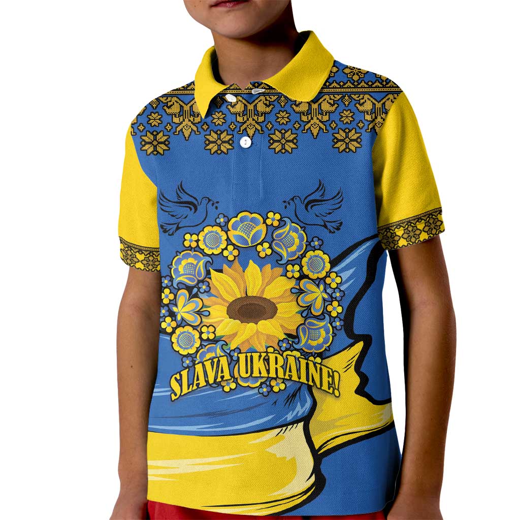 Ukraine Sunflower Peace Sign Kid Polo Shirt With Folk Patterns - Wonder Print Shop