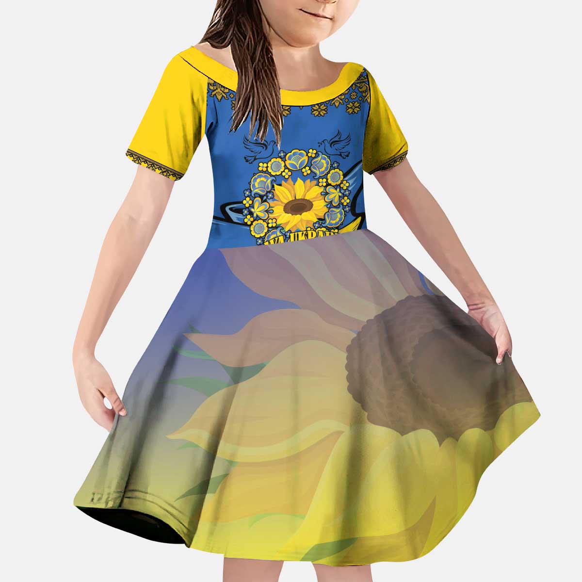 Ukraine Sunflower Peace Sign Kid Short Sleeve Dress With Folk Patterns - Wonder Print Shop