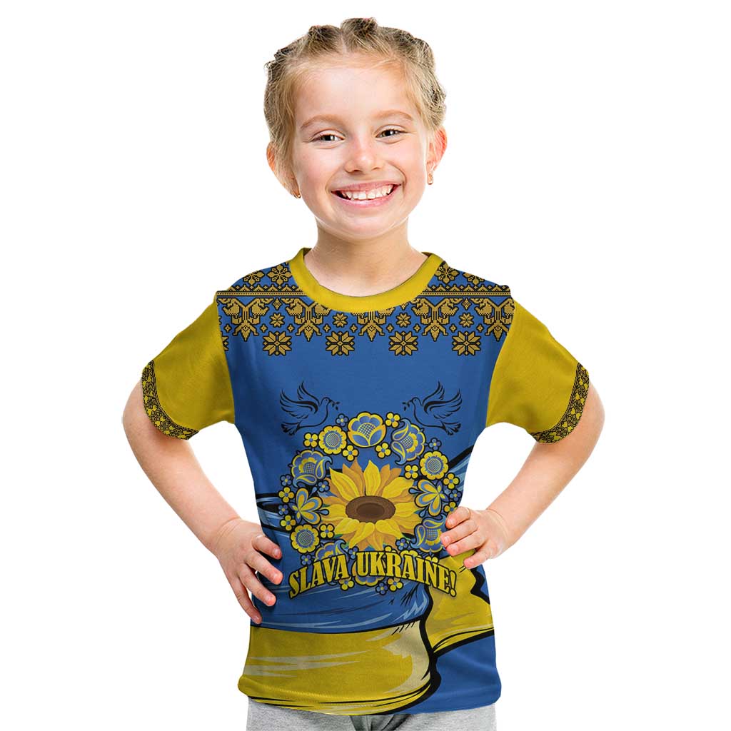 Ukraine Sunflower Peace Sign Kid T Shirt With Folk Patterns - Wonder Print Shop