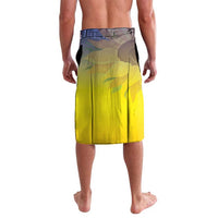 Blue-and-yellow graphic lavalava skirt with abstract landscape print, back view