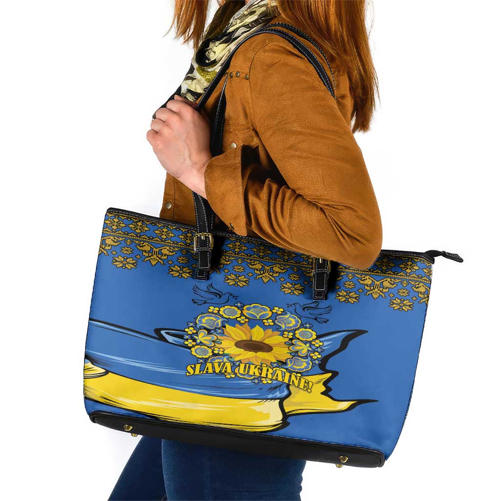 Ukraine Sunflower Peace Sign Leather Tote Bag With Folk Patterns - Wonder Print Shop