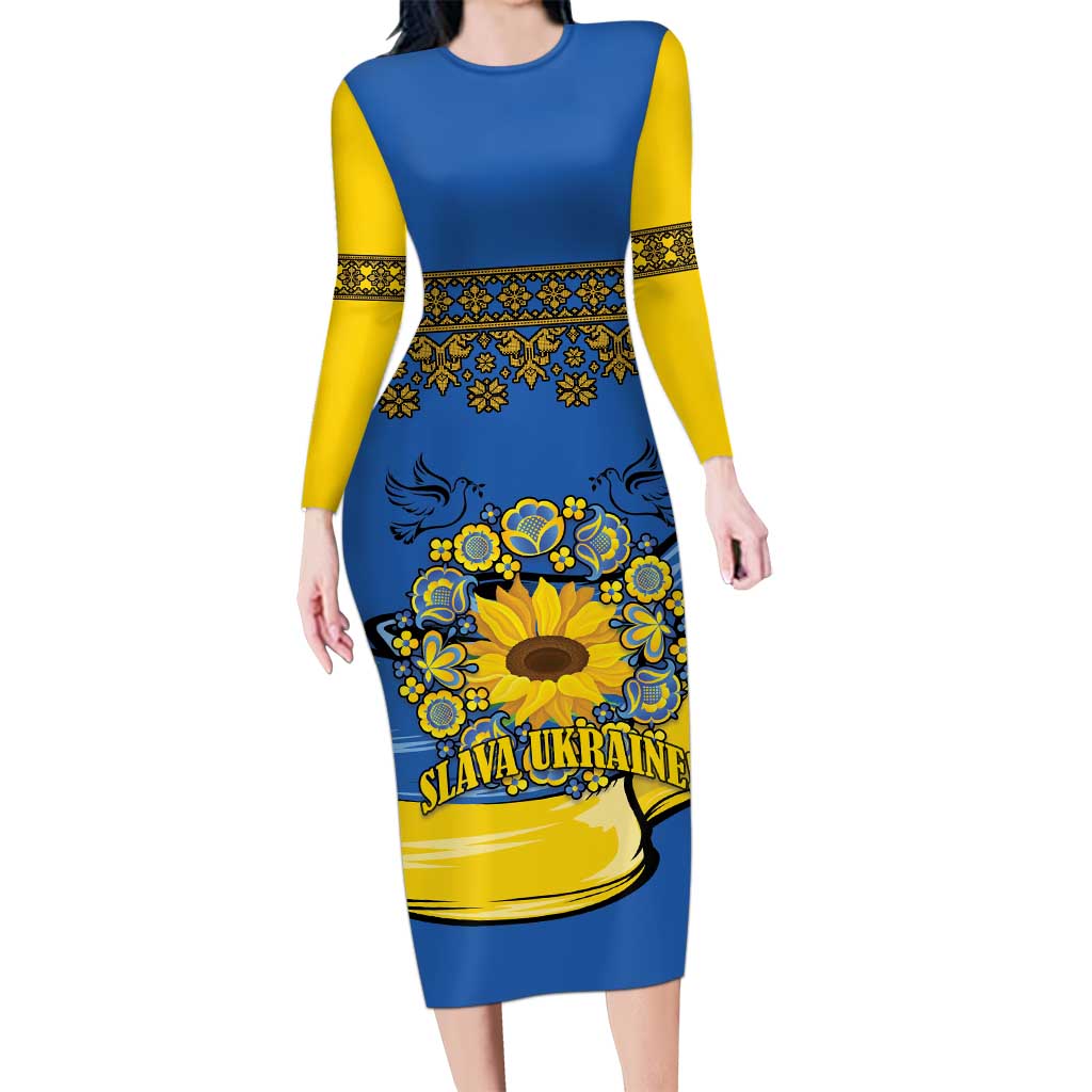 Ukraine Sunflower Peace Sign Long Sleeve Bodycon Dress With Folk Patterns - Wonder Print Shop