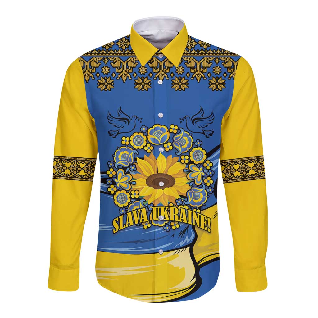 Blue-and-yellow long-sleeve button shirt with folk sunflower graphic and 'Slava Ukraine'.