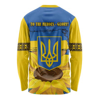 Unisex long-sleeve shirt, blue back with yellow trident shield and hero glory text