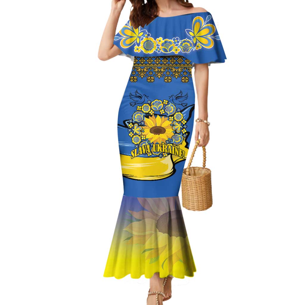 Ukraine Sunflower Peace Sign Mermaid Dress With Folk Patterns - Wonder Print Shop