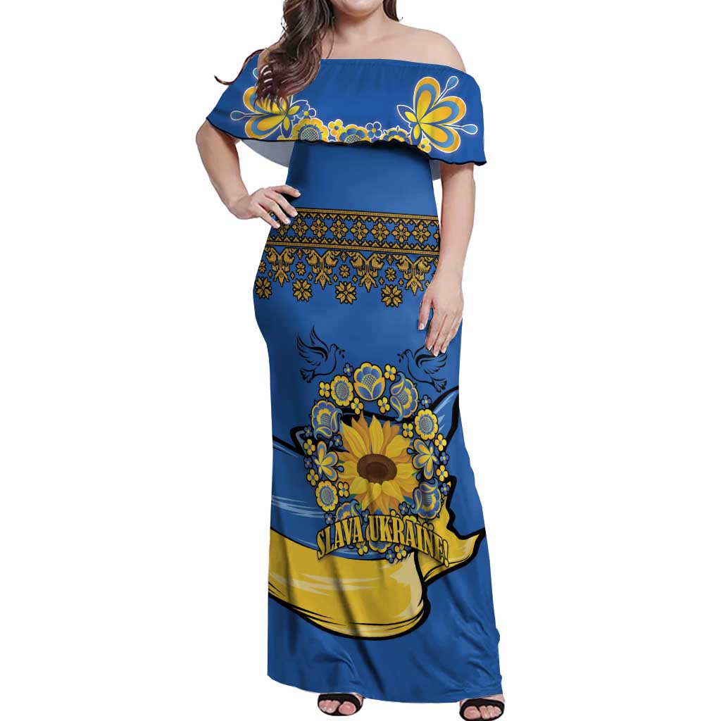 Ukraine Sunflower Peace Sign Off Shoulder Maxi Dress With Folk Patterns - Wonder Print Shop