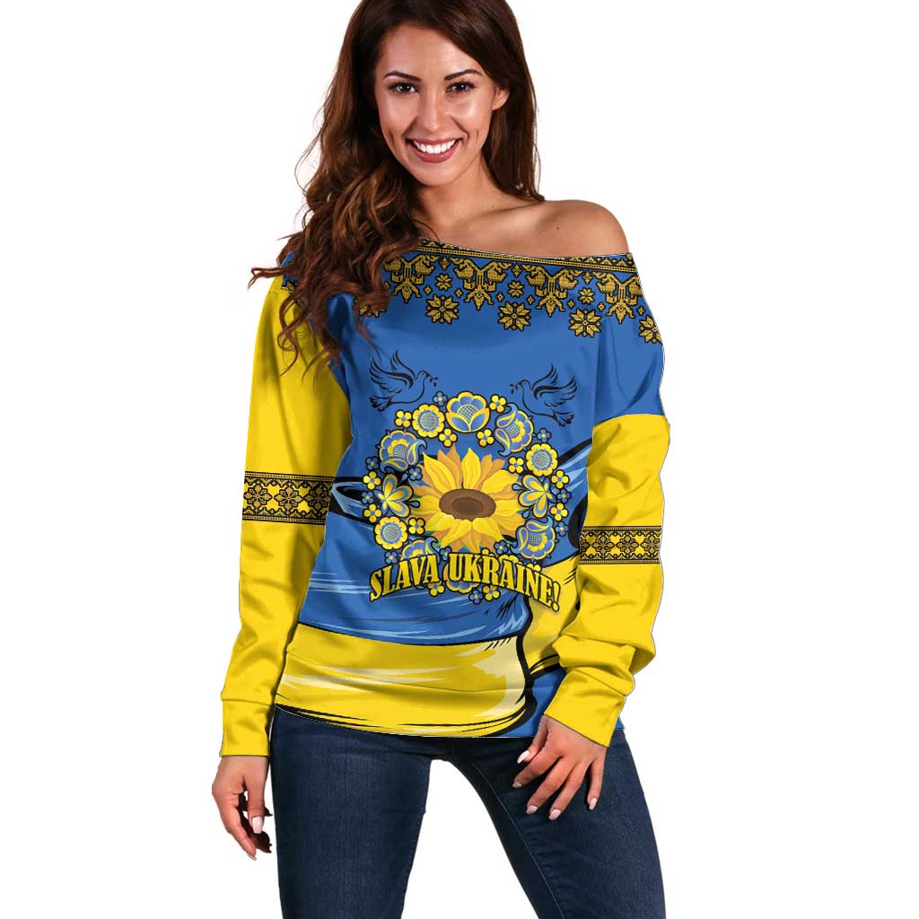 Ukraine Sunflower Peace Sign Off Shoulder Sweater With Folk Patterns - Wonder Print Shop