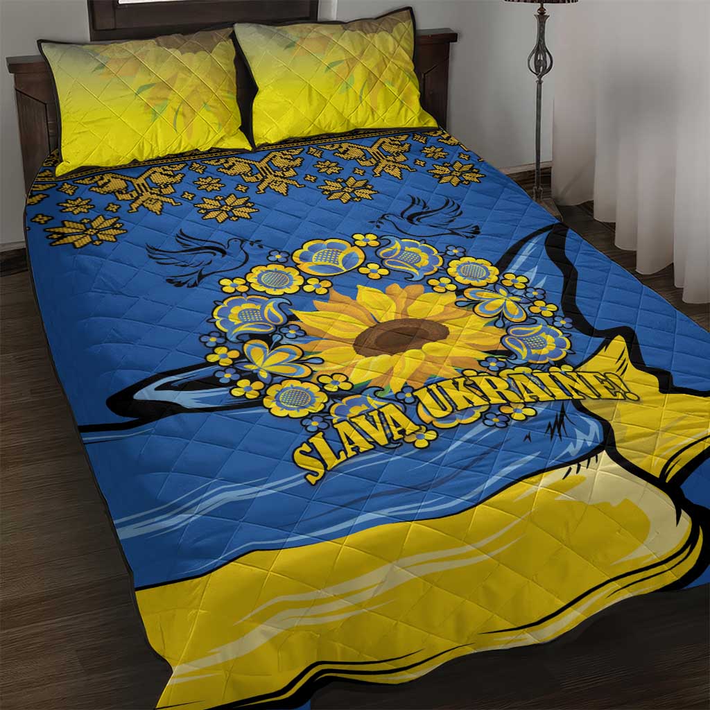 Ukraine Sunflower Peace Sign Quilt Bed Set With Folk Patterns - Wonder Print Shop