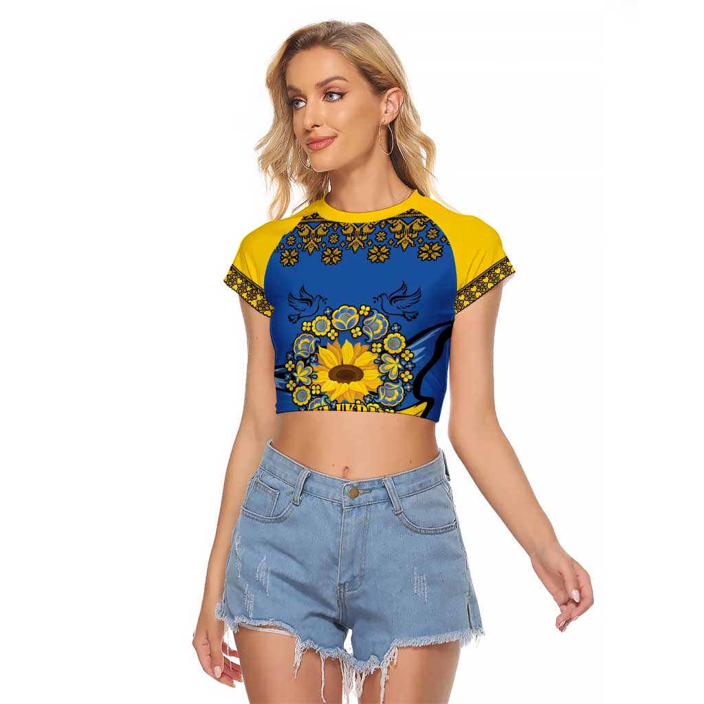 Ukraine Sunflower Peace Sign Raglan Cropped T Shirt With Folk Patterns - Wonder Print Shop