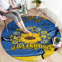 Round blue rug with yellow sunflower and folk pattern, “SLAVA UKRAINE”