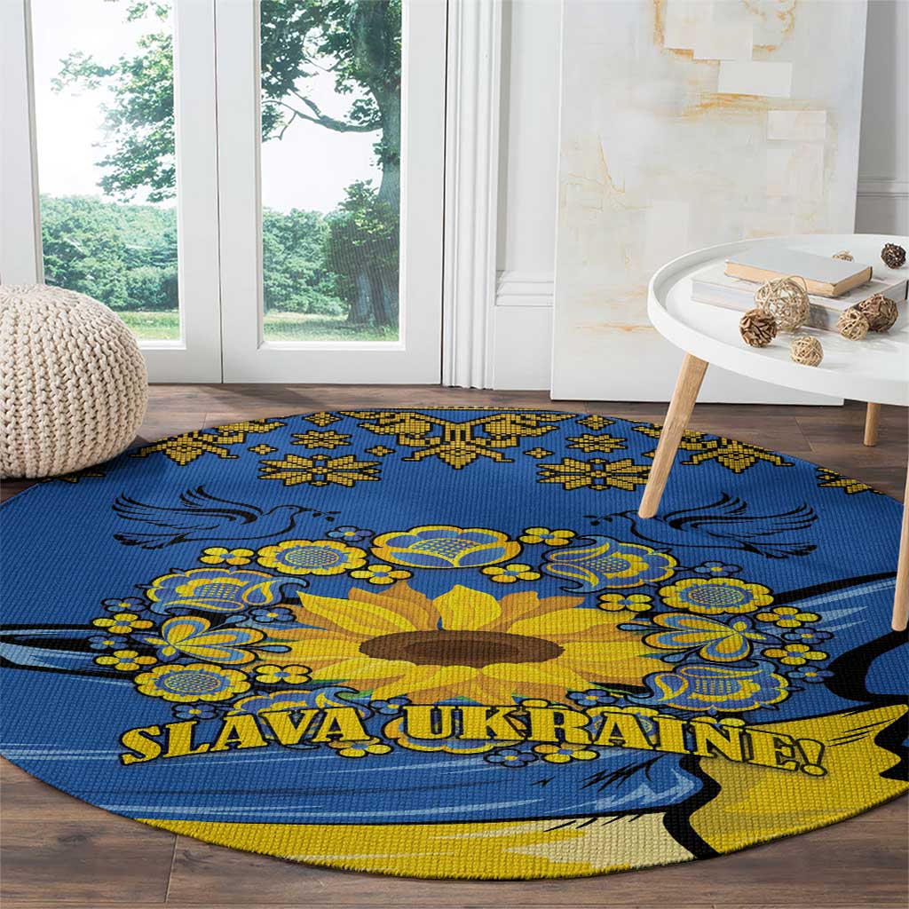 Round blue rug with yellow sunflower, black trident silhouette, and “SLAVA UKRAINE”