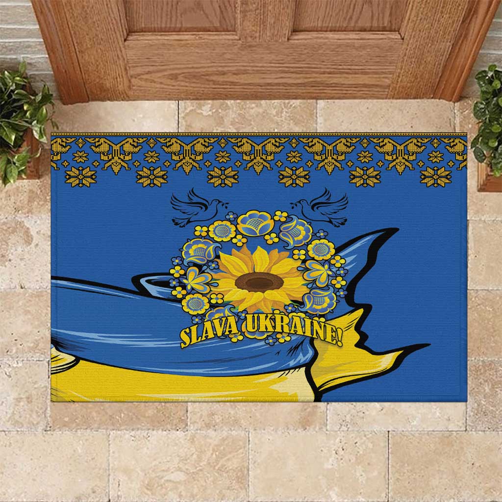 Ukraine Sunflower Peace Sign Rubber Doormat With Folk Patterns - Wonder Print Shop