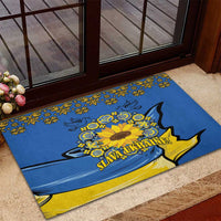 Blue rubber doormat with sunflower peace dove, folk border, “Slava Ukraine!”