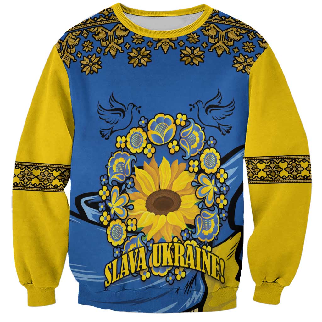 Blue sweatshirt, yellow sleeves, folk trim, sunflower peace graphic, Slava Ukraine text