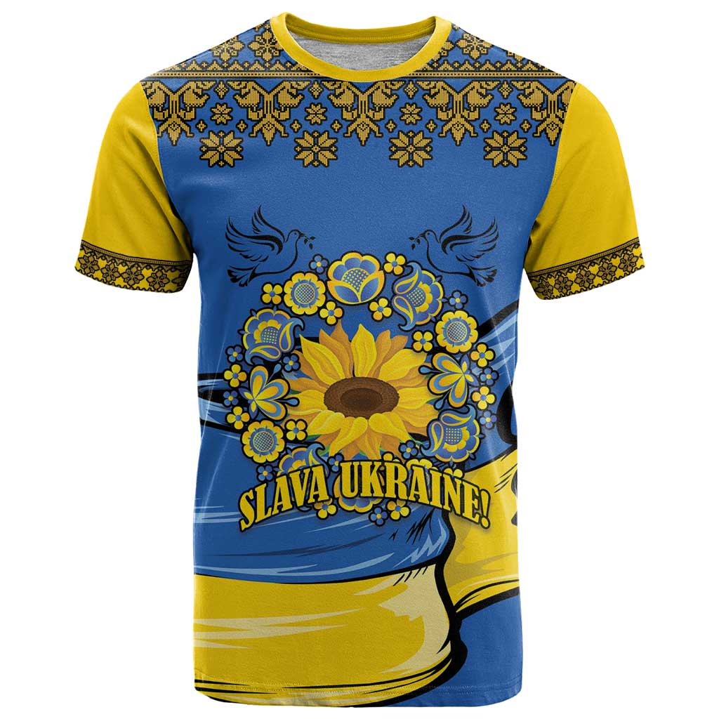 Ukraine Sunflower Peace Sign T Shirt With Folk Patterns