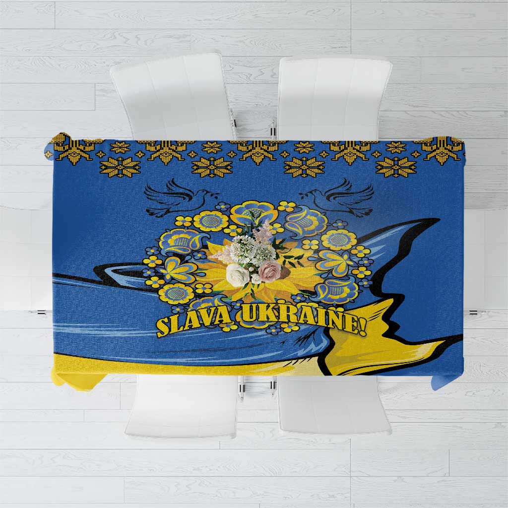 Blue tablecloth with yellow trident and sunflower folk pattern, 'SLAVA UKRAINE!'