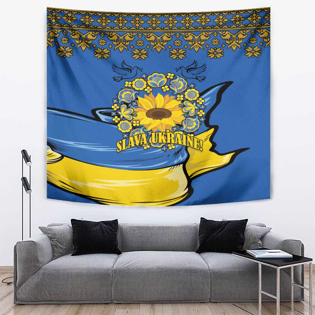 Blue wall tapestry with yellow sunflower wreath and "Slava Ukraine!" banner text