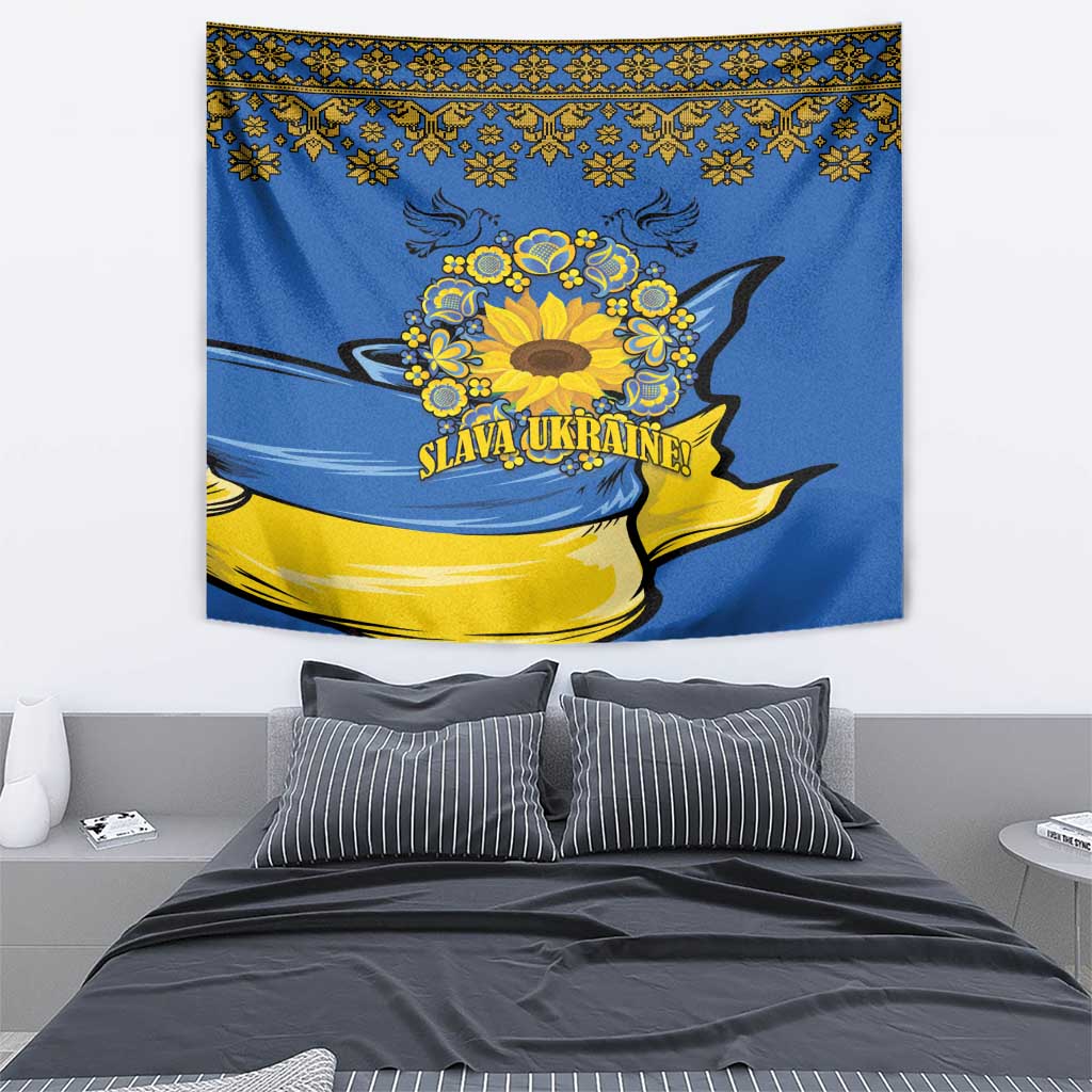 Blue wall tapestry featuring a yellow sunflower wreath and "Slava Ukraine!" banner