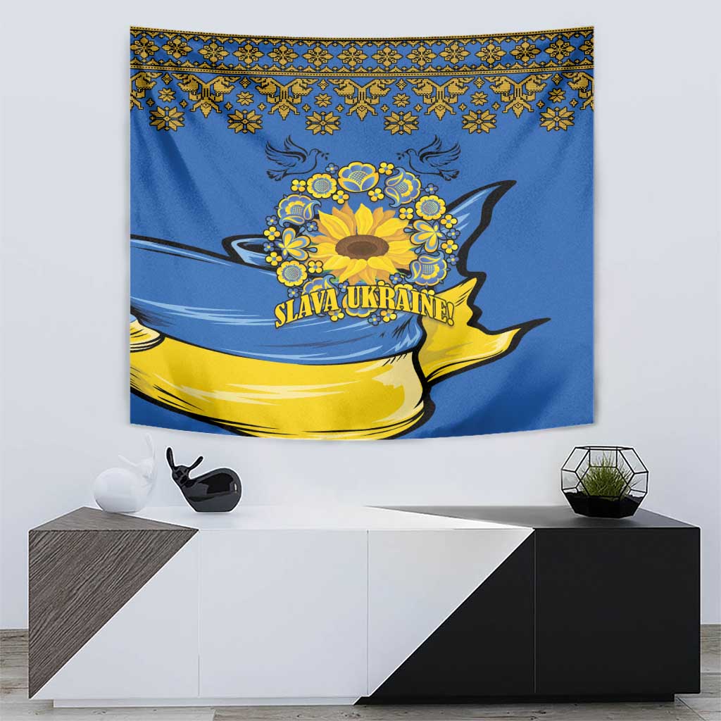 Blue wall tapestry with a central yellow sunflower wreath and "Slava Ukraine!" text