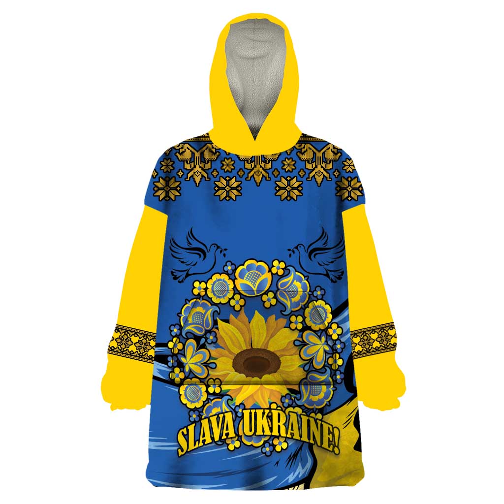 Ukraine Sunflower Peace Sign Wearable Blanket Hoodie With Folk Patterns - Wonder Print Shop