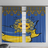 Blue and yellow folk-pattern window curtain panels with sunflower peace design