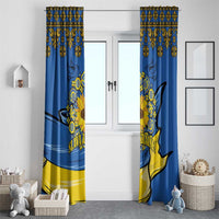 Blue and yellow sunflower peace sign window curtain set on a doorway