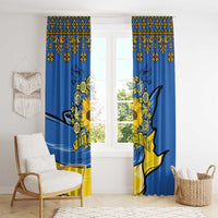 Blue and yellow window curtain panels with sunflower and peace-style symbol