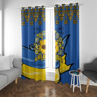 Blue and yellow gathered window curtains with sunflower peace sign design