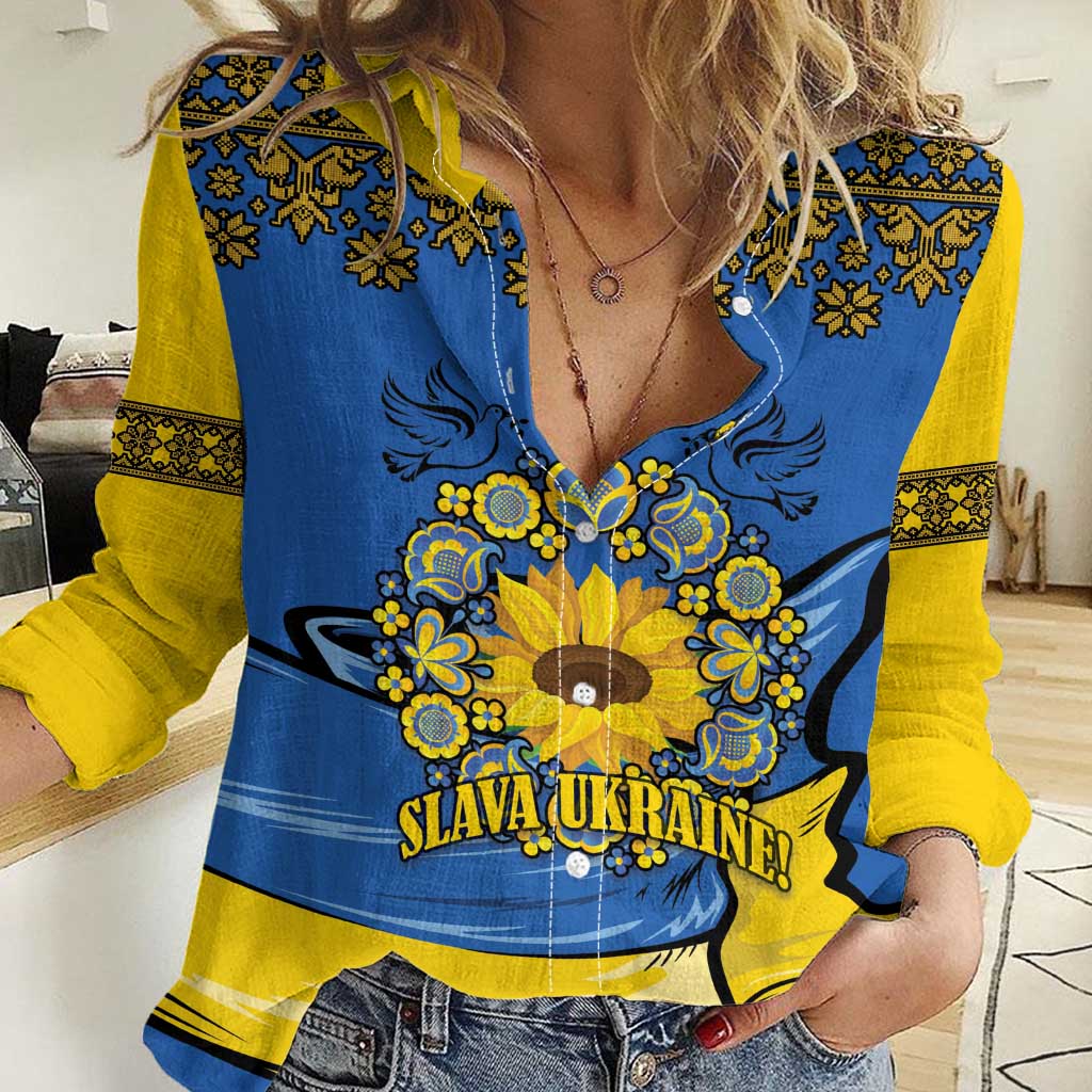 Ukraine Sunflower Peace Sign Women Casual Shirt With Folk Patterns - Wonder Print Shop