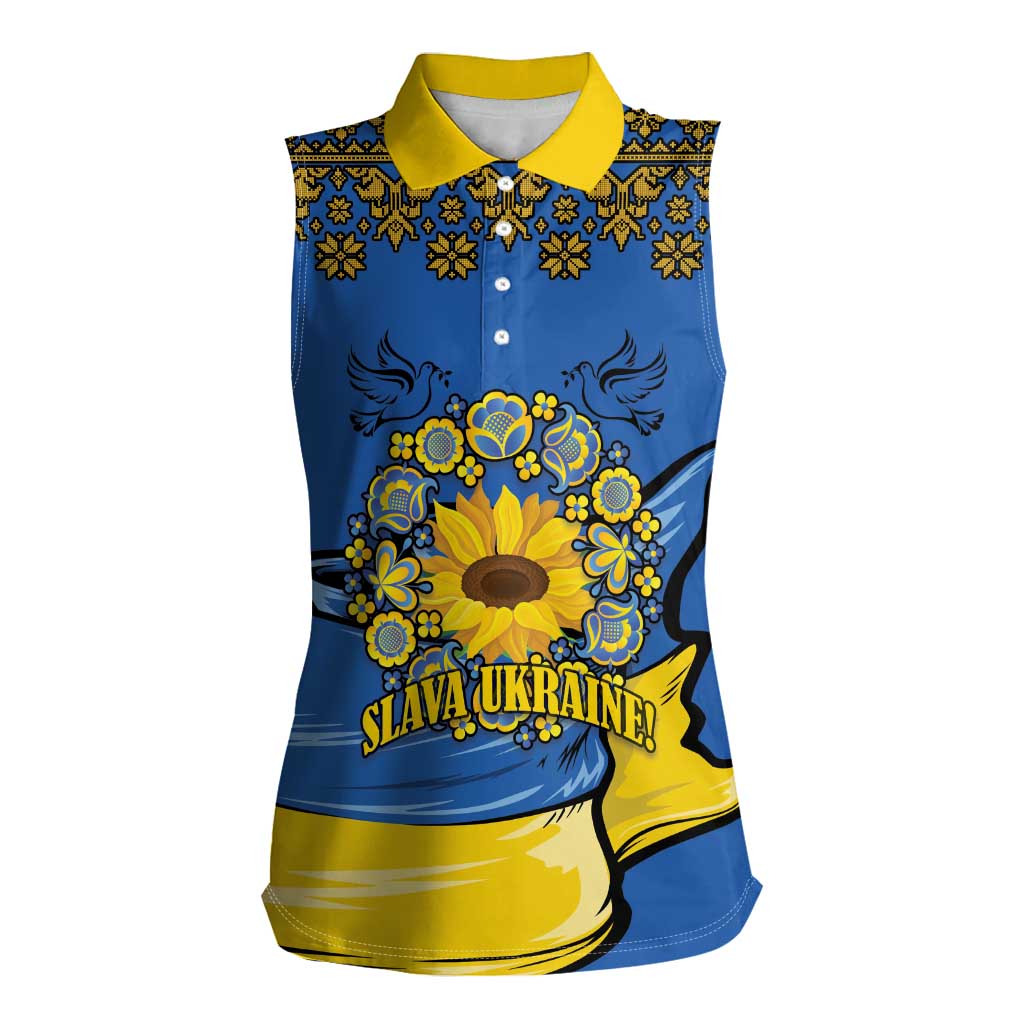 Ukraine Sunflower Peace Sign Women Sleeveless Polo Shirt With Folk Patterns - Wonder Print Shop