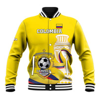 Yellow baseball jacket with snap front, striped collar, and Colombia soccer front graphic