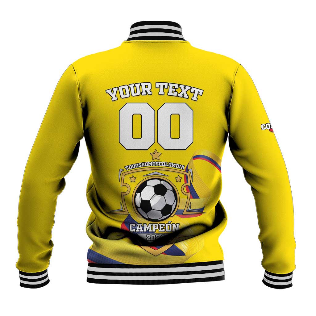 Yellow baseball jacket back with striped rib hem, soccer emblem and 'YOUR TEXT 00'
