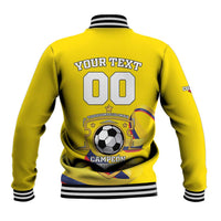 Yellow baseball jacket back with striped rib hem, soccer emblem and 'YOUR TEXT 00'