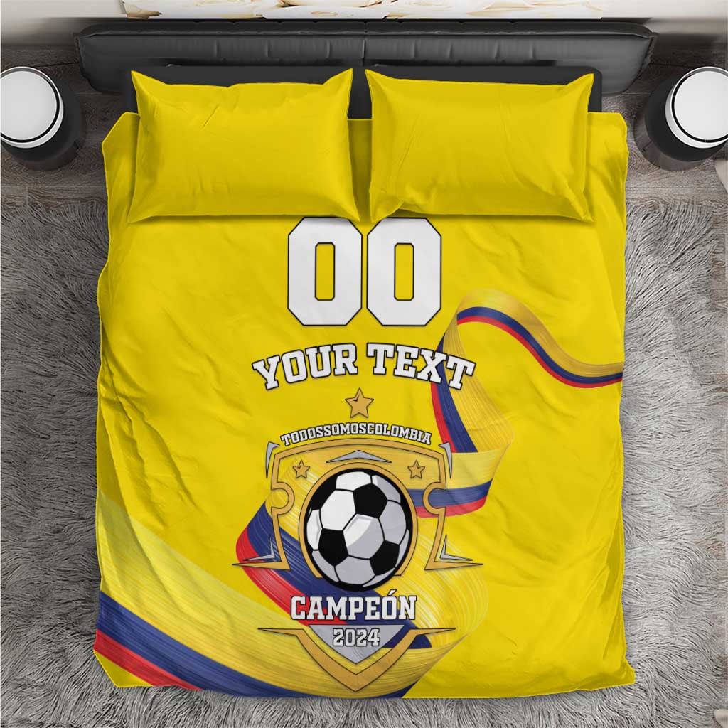 Yellow soccer bedding set with two pillows, football crest, and text print