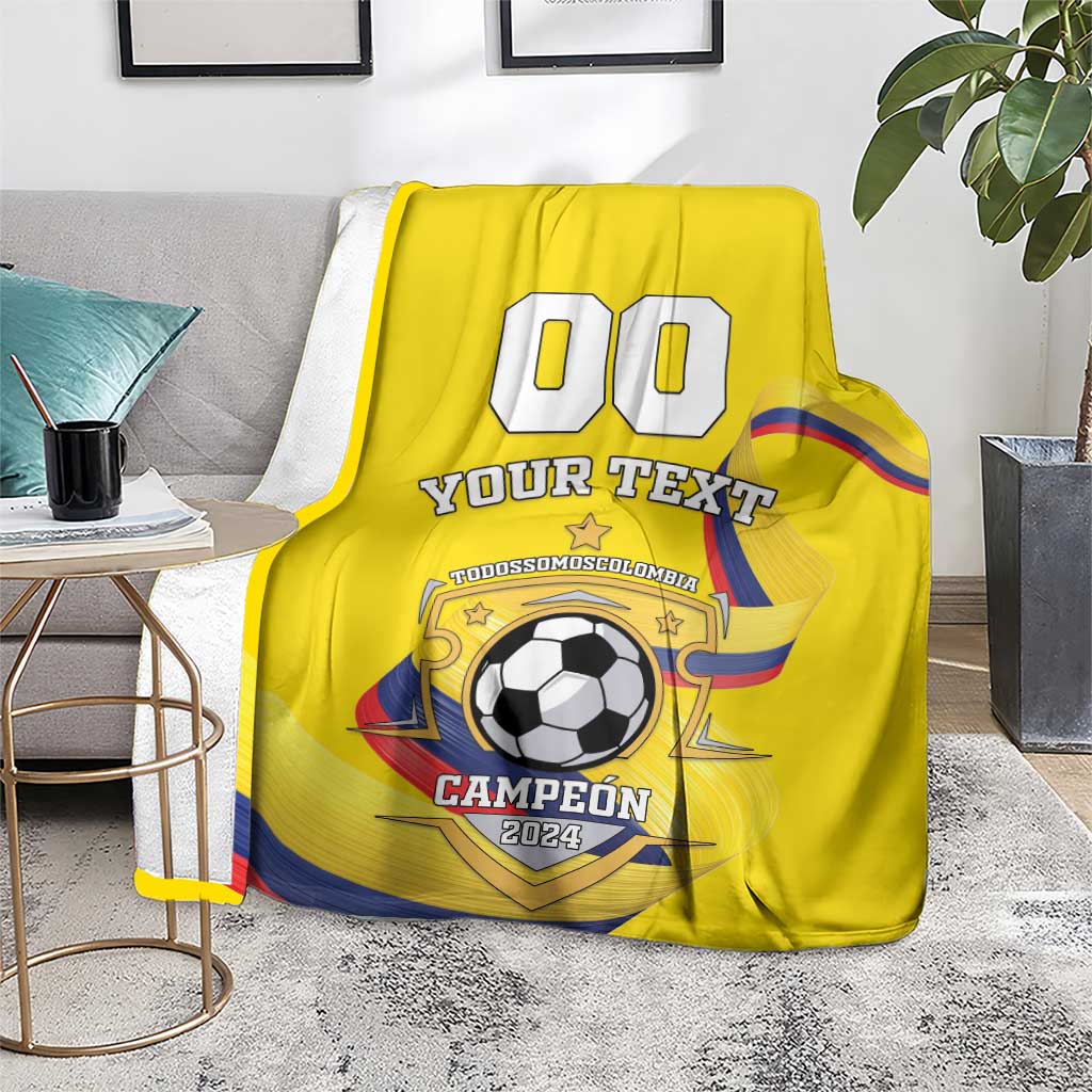 Yellow custom football blanket with Colombia graphic, soccer ball, and text