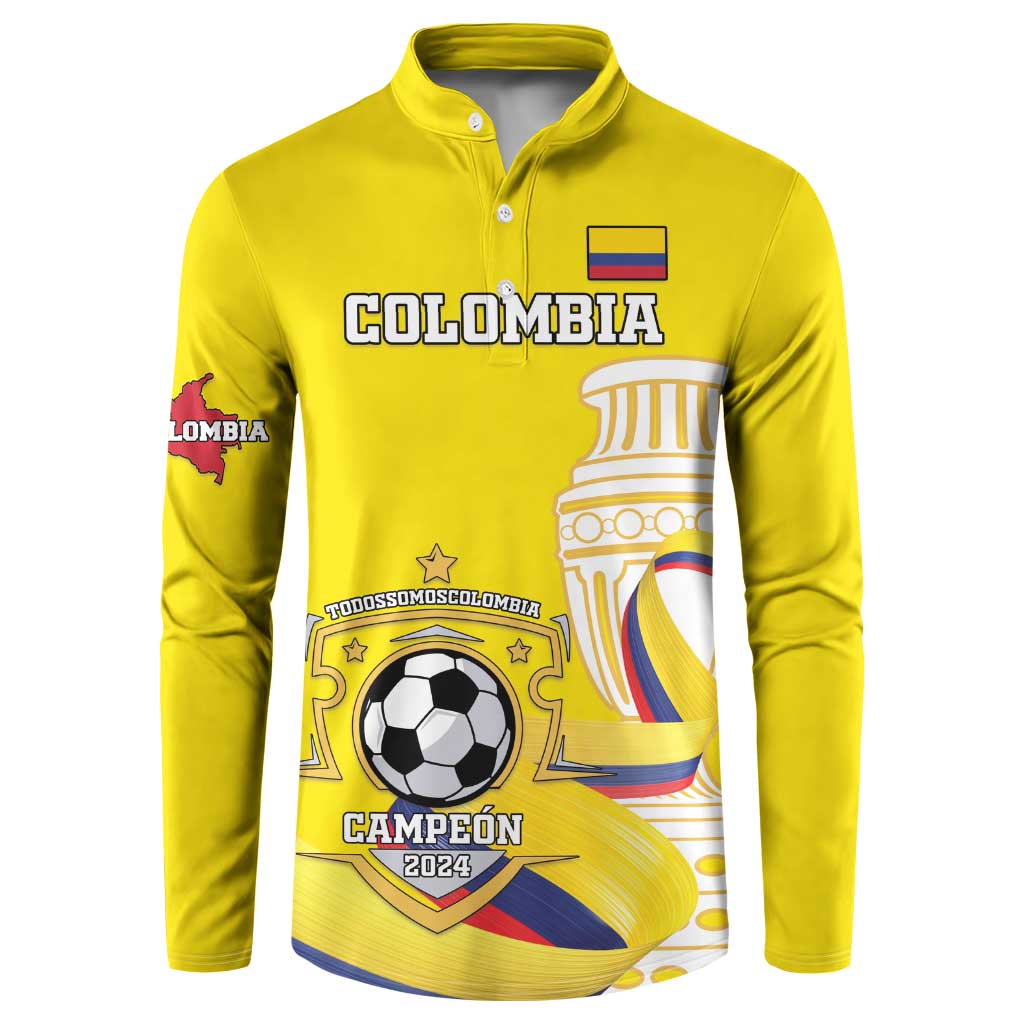 Yellow button-front collared sweatshirt with Colombia crest and soccer ball graphic