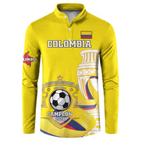 Yellow button-front collared sweatshirt with Colombia crest and soccer ball graphic