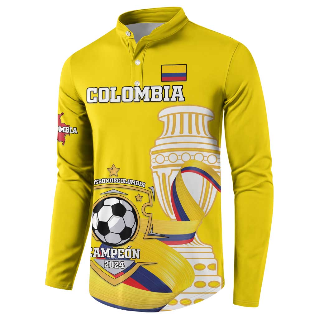 Yellow button-front collared sweatshirt with large Colombia emblem and soccer ball